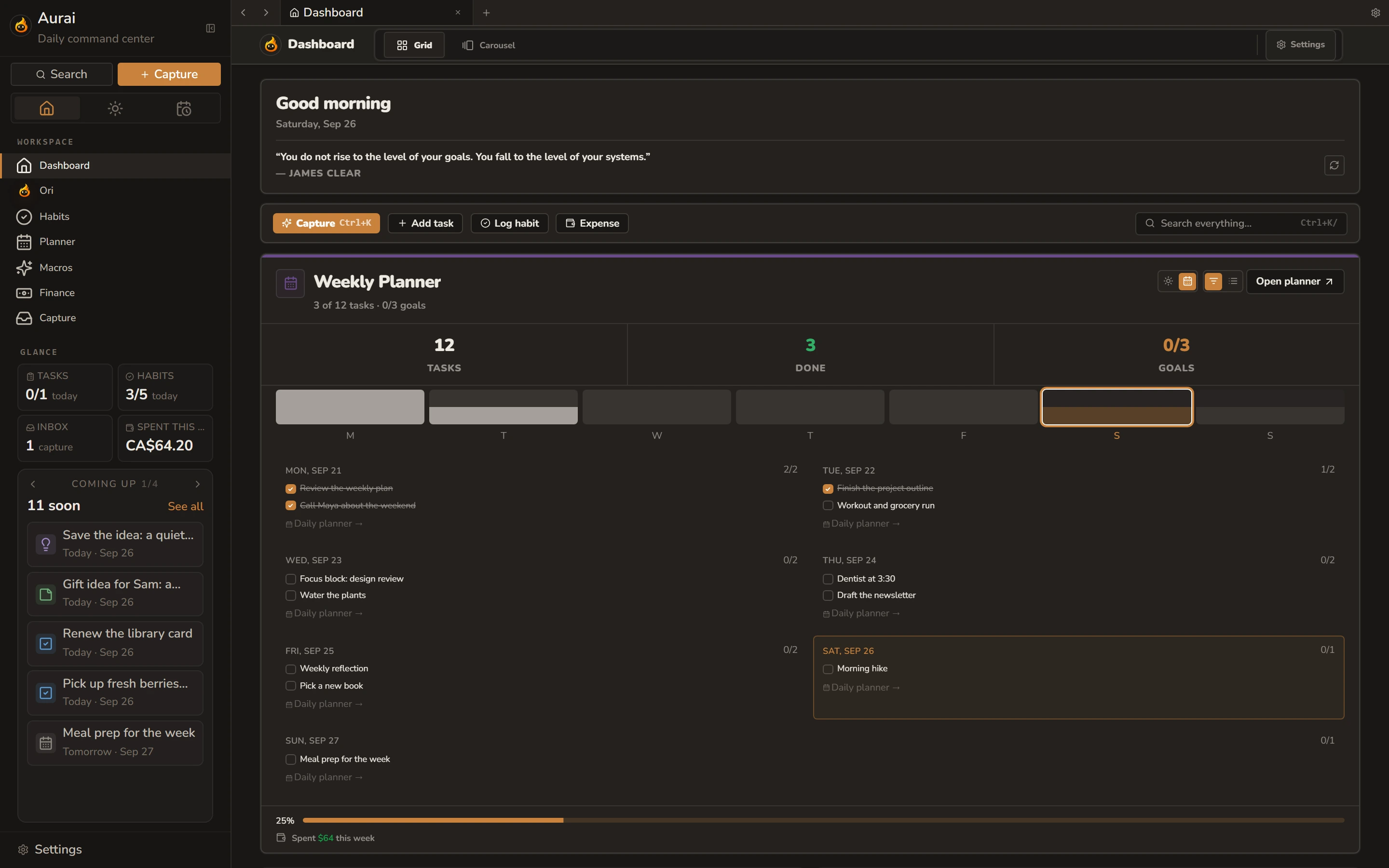 The Aurai dashboard: a greeting, quick actions, and this week's planner with tasks laid out by day.